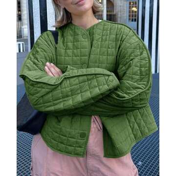 Cicy Bell Womens Lightweight Quilted Jacket Fall Casual Collarless Puffer Coats Long Sleeve Button Down Outerwear