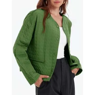 Cicy Bell Womens Lightweight Quilted Jacket Fall Casual Collarless Puffer Coats Long Sleeve Button Down Outerwear