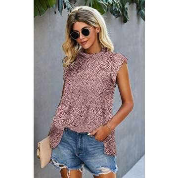 Angashion Women's Tops Casual Floral Print Cap Sleeve Ruffle Neck Loose Babydoll Shirt Blouse Tunic Top 2111 Pink Brown XXL