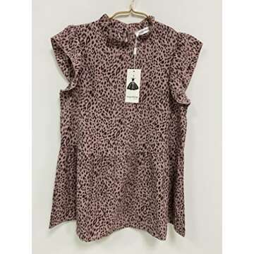 Angashion Women's Tops Casual Floral Print Cap Sleeve Ruffle Neck Loose Babydoll Shirt Blouse Tunic Top 2111 Pink Brown XXL