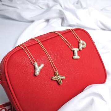 Balloon Initial Necklaces for Women, Diamond Bubble Letter Necklace Gold Plated Dainty Alphabet Pend...