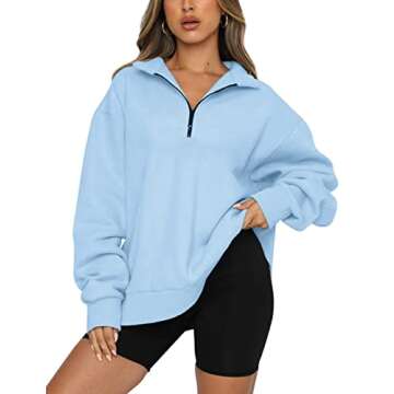 SAFRISIOR Women’s Oversized Half Zip Sweatshirt Drop Shoulder Long Sleeves Collar Quarter 1/4 Zipper Pullover Light Blue