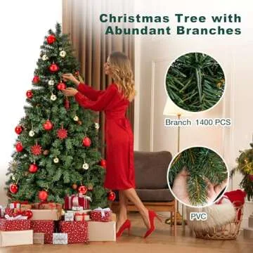 6ft Christmas Tree, BUPPLEE Unlit Artificial Christmas Tree w/1400 Branch Tips, Easy Assemble and Foldable Metal Base Green Xmas Tree Indoor Outdoor Decorate for Home, Office, Party, Holiday