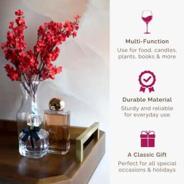 Fine Nest Home Decorative Acacia Wood Ottoman Tray - Coffee Table Tray - Breakfast, Party, Drinks, Snack, Liquor Serving Platter - Farmhouse to Modern - Brass Handles (Varnish)