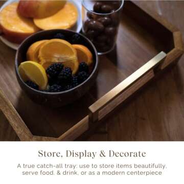 Fine Nest Home Decorative Acacia Wood Ottoman Tray - Coffee Table Tray - Breakfast, Party, Drinks, Snack, Liquor Serving Platter - Farmhouse to Modern - Brass Handles (Varnish)