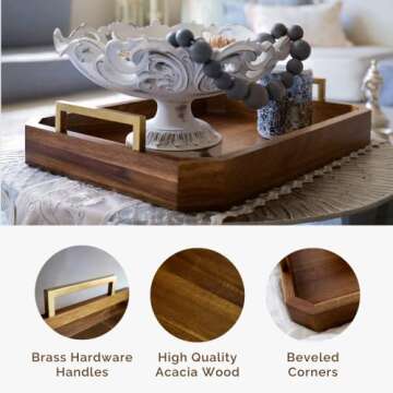 Fine Nest Home Decorative Acacia Wood Ottoman Tray - Coffee Table Tray - Breakfast, Party, Drinks, Snack, Liquor Serving Platter - Farmhouse to Modern - Brass Handles (Varnish)