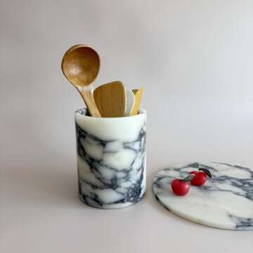 StonePlus Handmand Natural Marble with Holes Stone Vintage Kitchen Utensil Holder - 5.1" D X 6.3" H ...