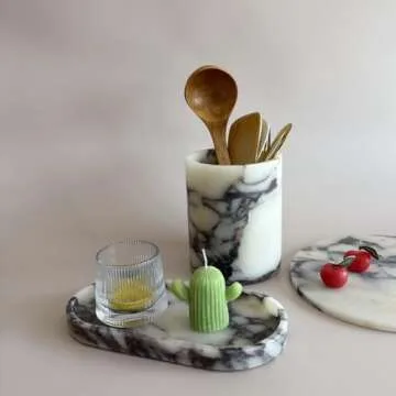 StonePlus Handmand Natural Marble with Holes Stone Vintage Kitchen Utensil Holder - 5.1" D X 6.3" H Kitchen Counter Organizers and Storage Tool Crock (Calacatta Purple Marble)