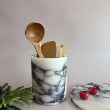 StonePlus Handmand Natural Marble with Holes Stone Vintage Kitchen Utensil Holder - 5.1" D X 6.3" H Kitchen Counter Organizers and Storage Tool Crock (Calacatta Purple Marble)
