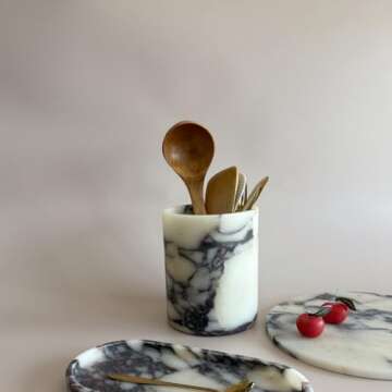 StonePlus Handmand Natural Marble with Holes Stone Vintage Kitchen Utensil Holder - 5.1" D X 6.3" H Kitchen Counter Organizers and Storage Tool Crock (Calacatta Purple Marble)