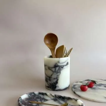 StonePlus Handmand Natural Marble with Holes Stone Vintage Kitchen Utensil Holder - 5.1" D X 6.3" H Kitchen Counter Organizers and Storage Tool Crock (Calacatta Purple Marble)