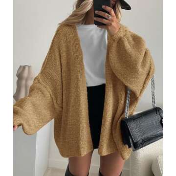 PRETTYGARDEN Womens Oversized Cardigan Sweaters 2025 Fall Long Lantern Sleeve Knit Open Front Lightweight Sweater (Camel,Medium)