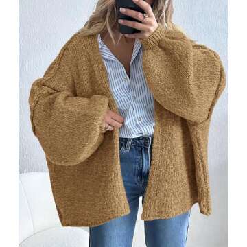 PRETTYGARDEN Womens Oversized Cardigan Sweaters 2025 Fall Long Lantern Sleeve Knit Open Front Lightweight Sweater (Camel,Medium)