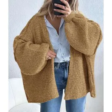 PRETTYGARDEN Womens Oversized Cardigan Sweaters 2025 Fall Long Lantern Sleeve Knit Open Front Lightweight Sweater (Camel,Medium)