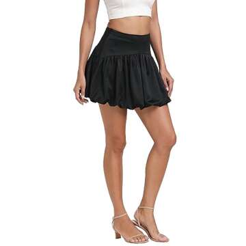 Vrtige Women's Elastic High Waist Pleated Ruffle Hem A Line Short Mini Skirt Black Medium