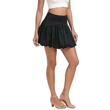 Vrtige Women's Elastic High Waist Pleated Ruffle Hem A Line Short Mini Skirt Black Medium