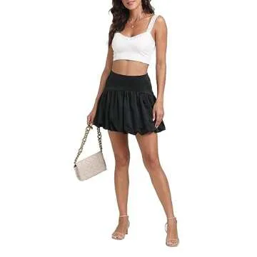 Vrtige Women's Elastic High Waist Pleated Ruffle Hem A Line Short Mini Skirt Black Medium