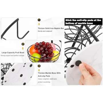 Livabber Fruit Basket Bowl with Banana Hanger, Metal Fruit Vegetable Storage Basket with Banana Holder for Kitchen Counter, Detachable Organizer for Bread Snack Produce (Black, 3-Tier Marble Base)