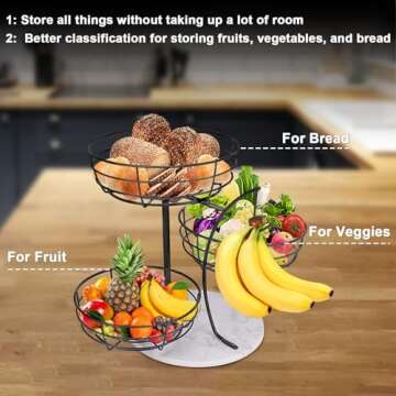 Livabber Fruit Basket Bowl with Banana Hanger, Metal Fruit Vegetable Storage Basket with Banana Holder for Kitchen Counter, Detachable Organizer for Bread Snack Produce (Black, 3-Tier Marble Base)