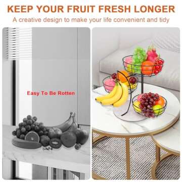 Livabber Fruit Basket Bowl with Banana Hanger, Metal Fruit Vegetable Storage Basket with Banana Holder for Kitchen Counter, Detachable Organizer for Bread Snack Produce (Black, 3-Tier Marble Base)