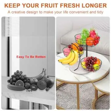 Livabber Fruit Basket Bowl with Banana Hanger, Metal Fruit Vegetable Storage Basket with Banana Holder for Kitchen Counter, Detachable Organizer for Bread Snack Produce (Black, 3-Tier Marble Base)
