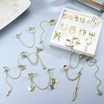 FUNRUN JEWELRY 20 Pcs Ear Cuff Earrings for Women Cuff Chain Earrings Helix Cartilage Cuff Wrap Earring Non Piercing Earring Jewelry(Gold)