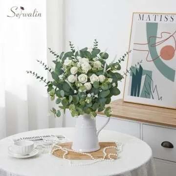 Serwalin 100 Pcs 7 Kinds Mixed Artificial Eucalyptus Leaves Stems Bulk with Flowers Faux Silver Doll...