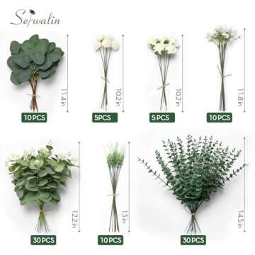 Serwalin 100 Pcs 7 Kinds Mixed Artificial Eucalyptus Leaves Stems Bulk with Flowers Faux Silver Dollar Eucalyptus Stmes Greenery Branches for Wedding Floral Arrangement Centerpieces Home Decor