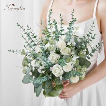 Serwalin 100 Pcs 7 Kinds Mixed Artificial Eucalyptus Leaves Stems Bulk with Flowers Faux Silver Dollar Eucalyptus Stmes Greenery Branches for Wedding Floral Arrangement Centerpieces Home Decor