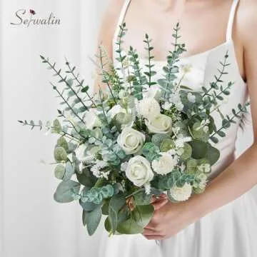 Serwalin 100 Pcs 7 Kinds Mixed Artificial Eucalyptus Leaves Stems Bulk with Flowers Faux Silver Dollar Eucalyptus Stmes Greenery Branches for Wedding Floral Arrangement Centerpieces Home Decor