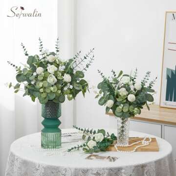 Serwalin 100 Pcs 7 Kinds Mixed Artificial Eucalyptus Leaves Stems Bulk with Flowers Faux Silver Dollar Eucalyptus Stmes Greenery Branches for Wedding Floral Arrangement Centerpieces Home Decor
