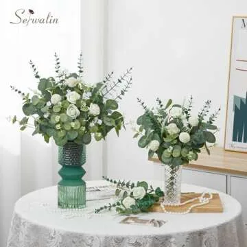 Serwalin 100 Pcs 7 Kinds Mixed Artificial Eucalyptus Leaves Stems Bulk with Flowers Faux Silver Dollar Eucalyptus Stmes Greenery Branches for Wedding Floral Arrangement Centerpieces Home Decor