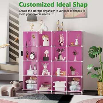 C&AHOME Cube Storage Organizer, 16-Cube Shelves Units, Plastic Storage Cubes, DIY Closet Organizer, Modular Closet Storage Shelves Ideal for Home, Bedroom, 48.4" L × 12.4" W × 48.4" H Pink UPCS16P