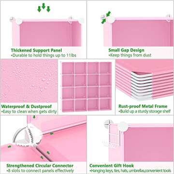 C&AHOME Cube Storage Organizer, 16-Cube Shelves Units, Plastic Storage Cubes, DIY Closet Organizer, Modular Closet Storage Shelves Ideal for Home, Bedroom, 48.4" L × 12.4" W × 48.4" H Pink UPCS16P