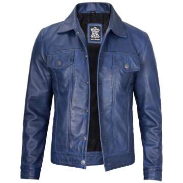 Decrum Blue Lambskin Real Leather Jacket Men - Stylish Trucker Design and Comfort