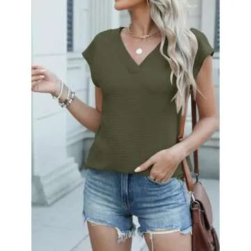 Stylish ANRABESS Women Cap Sleeve V Neck Top for Summer