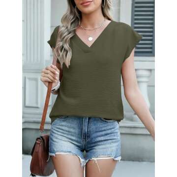 Stylish ANRABESS Women Cap Sleeve V Neck Top for Summer