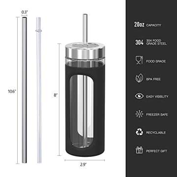 Kodrine Glass Tumbler with Straw and Lid 20oz Glass Smoothie Cup with Silicone Protective Sleeve BPA FREE (Black with Reusable Metal Straw)
