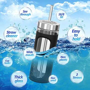 Kodrine Glass Tumbler with Straw and Lid 20oz Glass Smoothie Cup with Silicone Protective Sleeve BPA FREE (Black with Reusable Metal Straw)