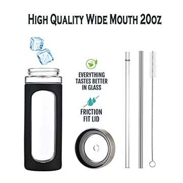 Kodrine Glass Tumbler with Straw and Lid 20oz Glass Smoothie Cup with Silicone Protective Sleeve BPA FREE (Black with Reusable Metal Straw)