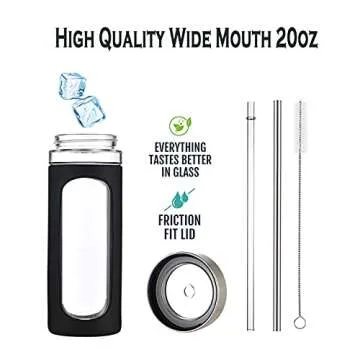 Kodrine Glass Tumbler with Straw and Lid 20oz Glass Smoothie Cup with Silicone Protective Sleeve BPA FREE (Black with Reusable Metal Straw)