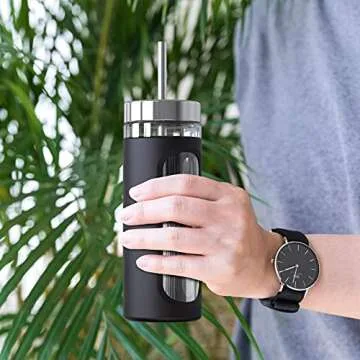 Kodrine Glass Tumbler with Straw and Lid 20oz Glass Smoothie Cup with Silicone Protective Sleeve BPA FREE (Black with Reusable Metal Straw)