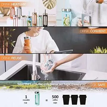 Kodrine Glass Tumbler with Straw and Lid 20oz Glass Smoothie Cup with Silicone Protective Sleeve BPA FREE (Black with Reusable Metal Straw)