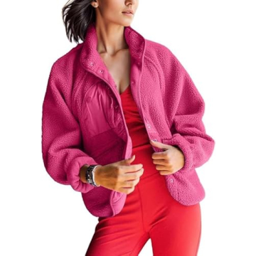 AMEBELLE Women's Cropped Fuzzy Fleece Jacket - Casual Warm Sherpa Coat with Pockets (2789-Pink-XL)