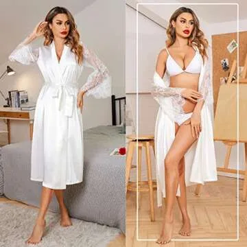 Avidlove Women's Long Silk Kimono Robe Bride Bridesmaids Floral Lace Sleeve Robes for Wedding Bridal Day