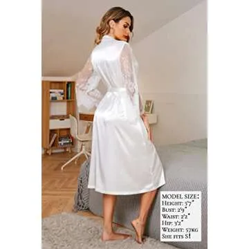 Avidlove Women's Long Silk Kimono Robe Bride Bridesmaids Floral Lace Sleeve Robes for Wedding Bridal Day