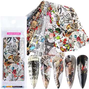 Holographic Nail Foil Transfer Stickers Decals Decoration, Magazine Flowers Nail Art Design Acrylic Nails Supplies for Nail Transfer Glue Polish, Fingernail and Toenail Manicure DIY Film (10 Sheets)