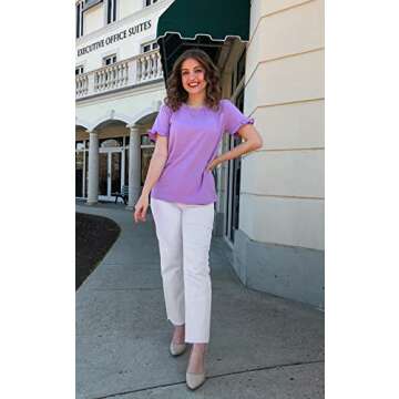 PRETTYGARDEN Women's Short Sleeve Casual T Shirts Summer Ruffle Plain Round Neck Loose Fit Tee Blouse Tops Purple