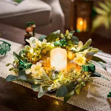 Valery Madelyn St. Patrick's Day Wreath for Front Door with Lights, Artificial Spring Eucalyptus Wreath with Shamrock Clover Ornaments, Prefect Gift and Decoration for Irish Festival Home Party-18''