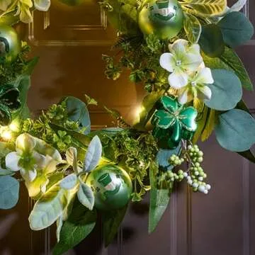 Valery Madelyn St. Patrick's Day Wreath for Front Door with Lights, Artificial Spring Eucalyptus Wreath with Shamrock Clover Ornaments, Prefect Gift and Decoration for Irish Festival Home Party-18''